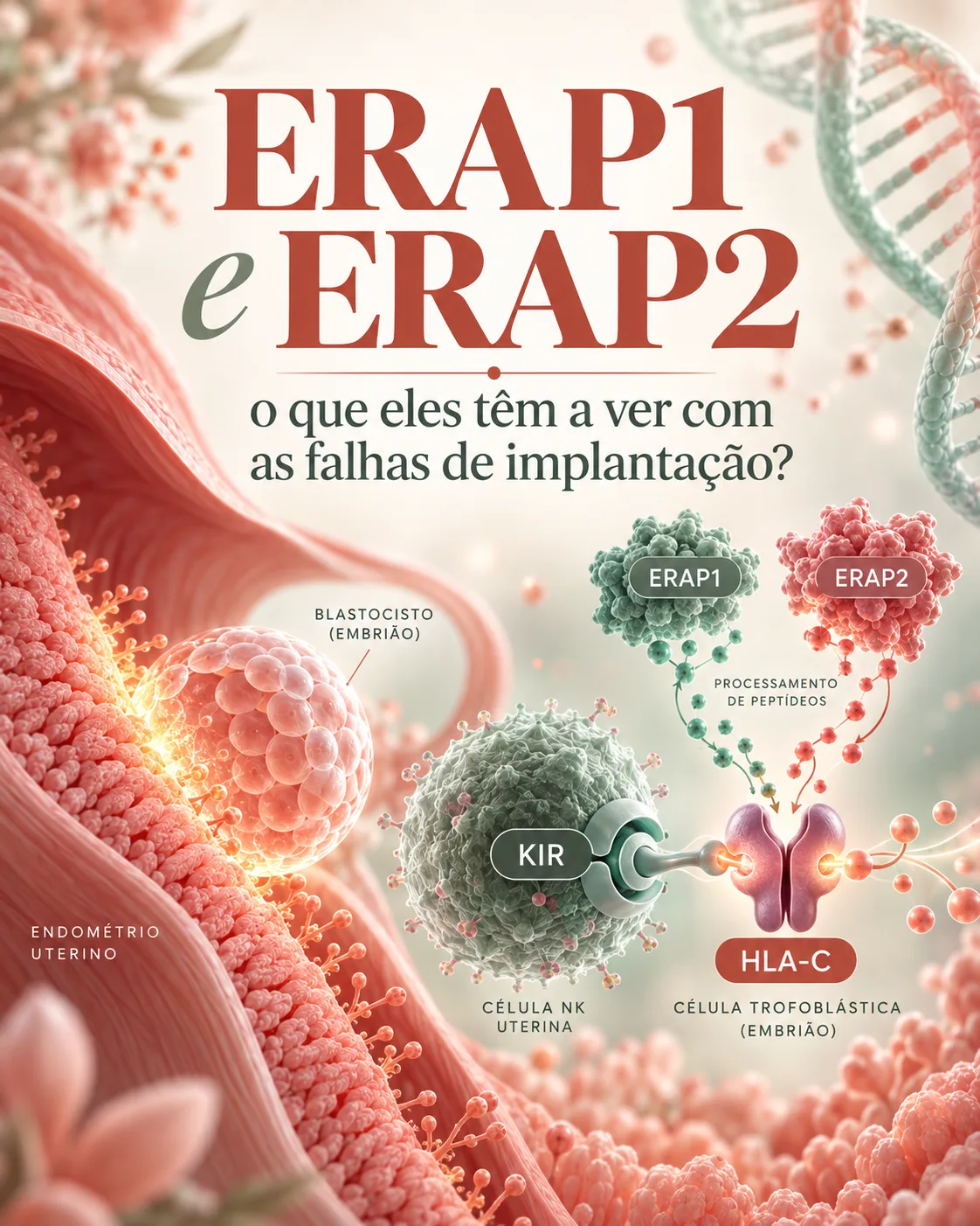 Infográfico mostrando ERAP1 e ERAP2 em relação ao processamento de peptídeos e células NK uterinas na implantação embrionária