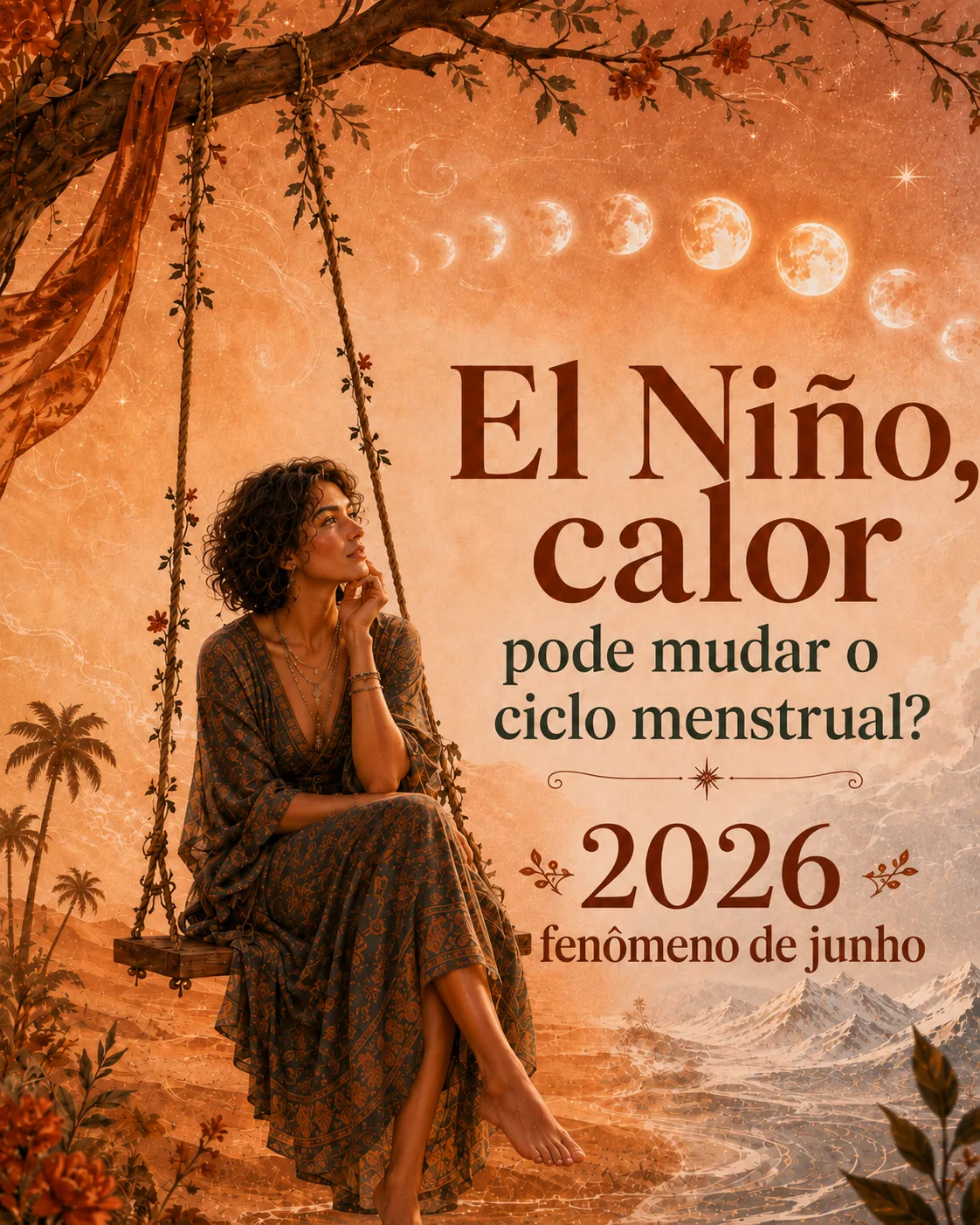 Mulher em balanço contemplativo com fases da lua ao fundo, representando ciclo menstrual e fertilidade em 2026