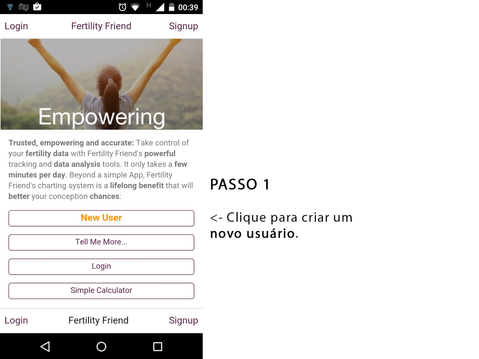 Print Screen do passo 1 do Fertility Friend em português