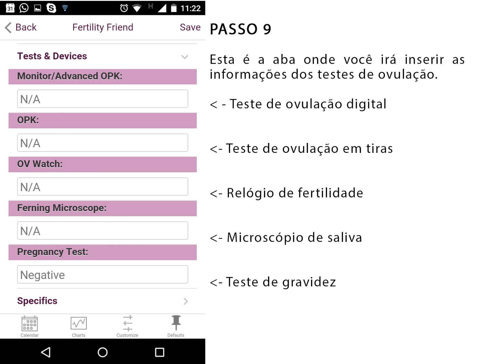 Print Screen do passo 9 do Fertility Friend em português