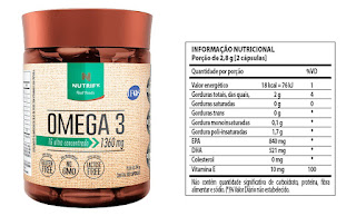 Ômega-3 com certificação IFOS e 120 cápsulas. Imagem com as informações nutricionais do suplemento.