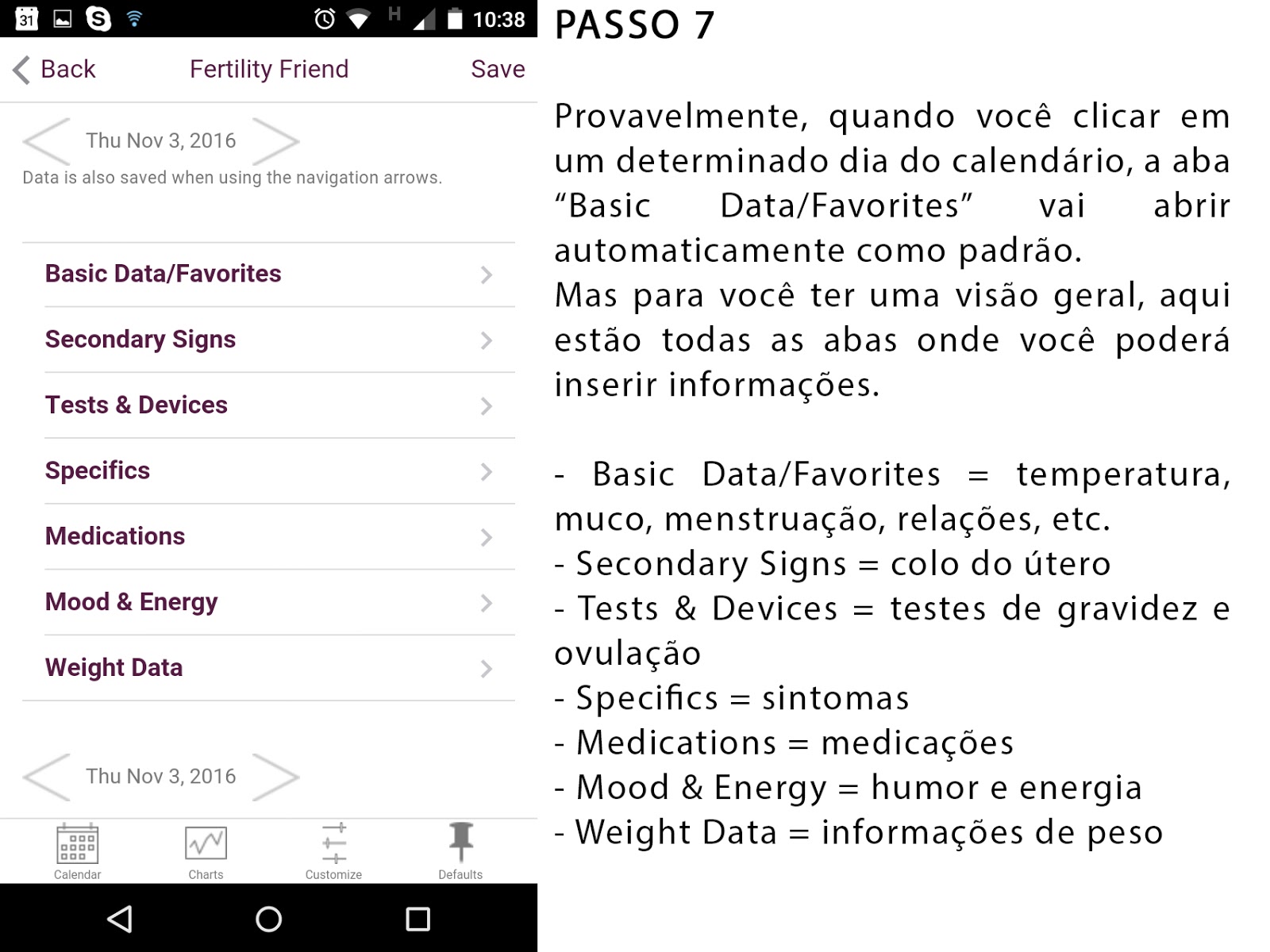 Print Screen do passo 7 do Fertility Friend em português