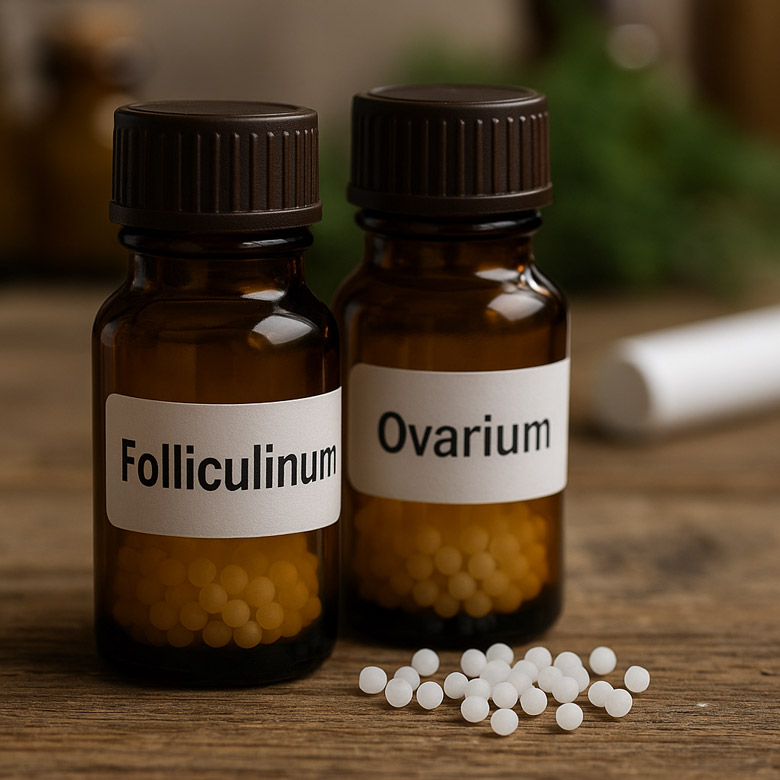 Dois frascos de homeopatia âmbar com os nomes Folliculinum e Ovarium, usados na fertilidade feminina para auxiliar na ovulação