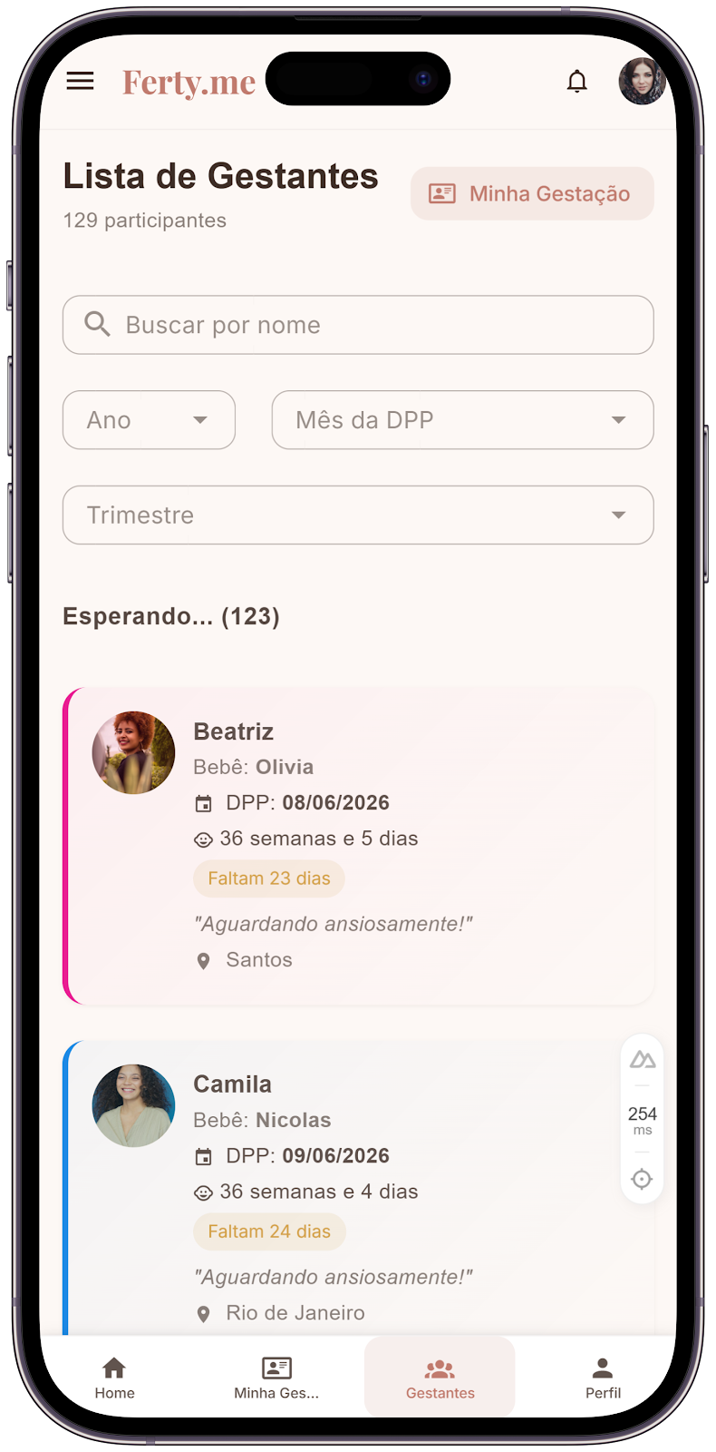 Lista pública de gestantes do Ferty mostrando cards das participantes com nome, bebê esperado, DPP, semanas de gestação e cidade