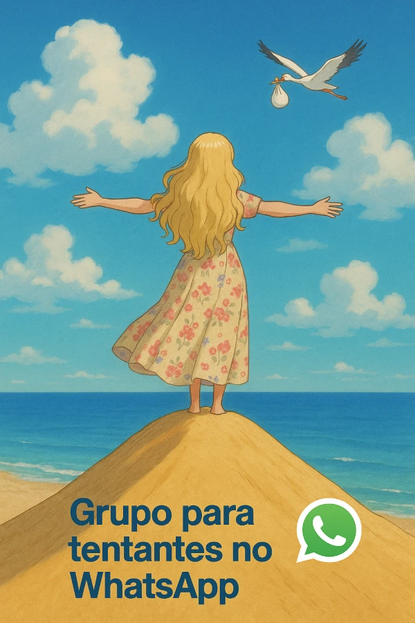 Ilustração  
  de uma mulher de costas no alto de uma duna, com os braços abertos, recebendo uma cegonha que voa trazendo um embrulho — símbolo da esperança das tentantes