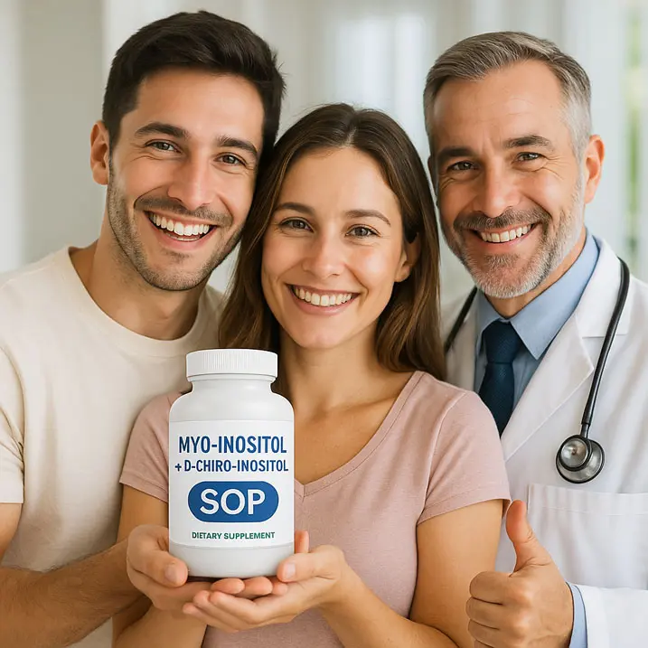 Casal feliz segurando suplemento de mio-inositol com D‑chiro‑inositol para SOP, ao lado de um médico recomendando o produto