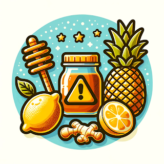 Xaropes feitos com mel não são seguros para bebês Ilustração de um pote de mel, um limão, um gengibre e um abacaxi, dispostos em semicírculo com um sinal de cuidado no centro indicando perigo potencial para os bebês.