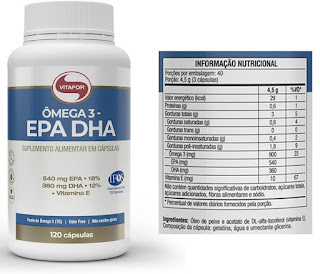 Ômega-3 da Vitafor com certificação IFOS e 120 cápsulas. Imagem com as informações nutricionais do suplemento.