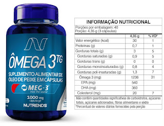 Ômega-3 com certificação MEG-3 e 120 cápsulas. Imagem com as informações nutricionais do suplemento.