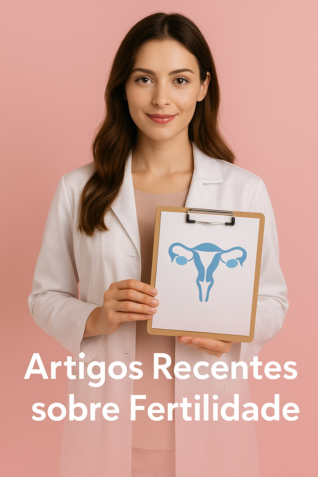 Mulher jovem sorrindo enquanto lê artigo sobre fertilidade no notebook, ao lado de planta e caneca