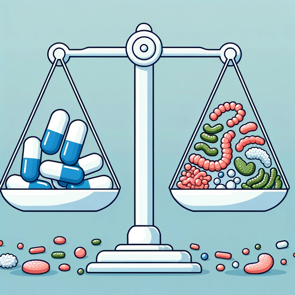 Albendazol e bactérias intestinais em equilíbrio representados por uma balança