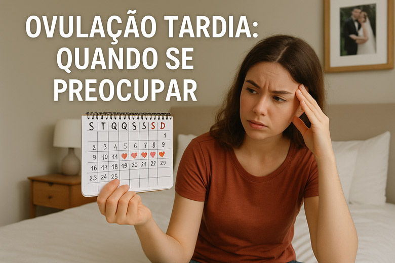 Mulher olhando para calendário do ciclo menstrual com dúvida