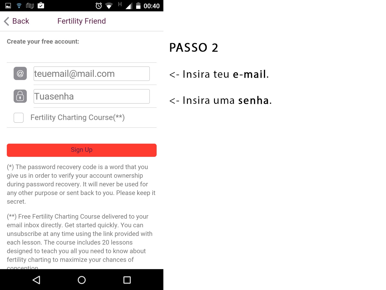 Print Screen do passo 2 do Fertility Friend em português
