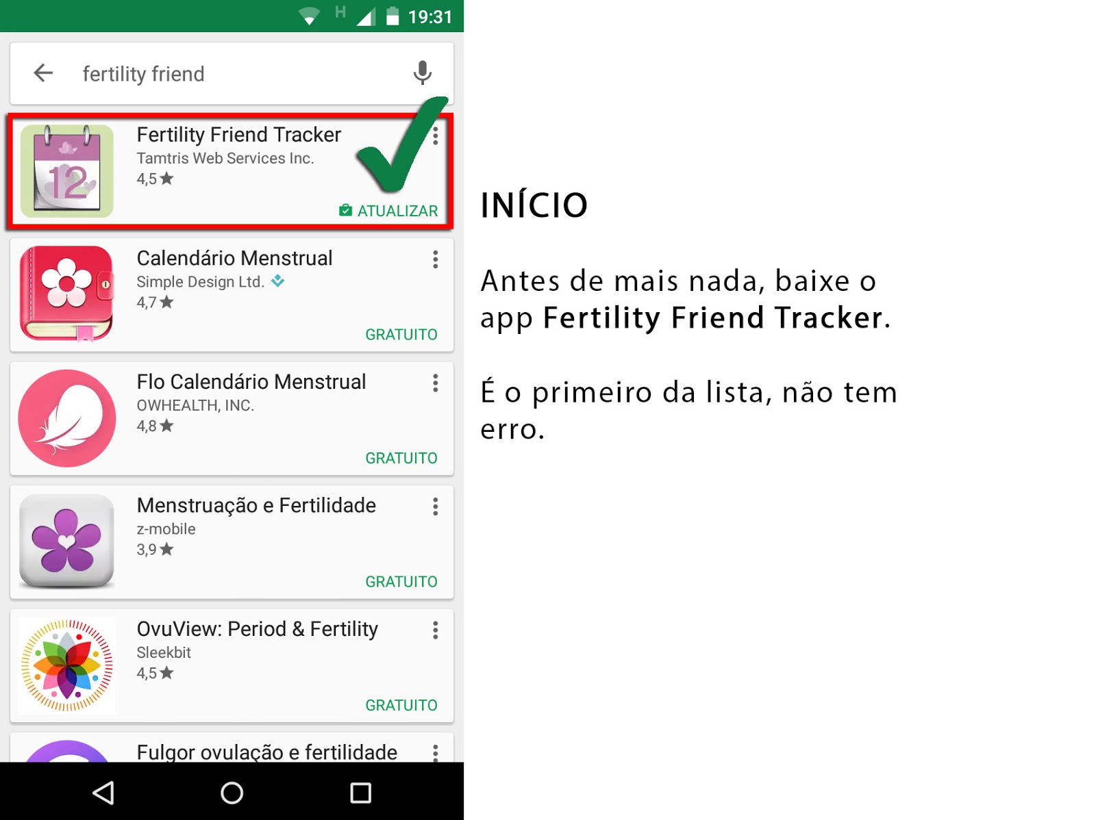 Print Screen de como baixar o app Fertility Friend no celular