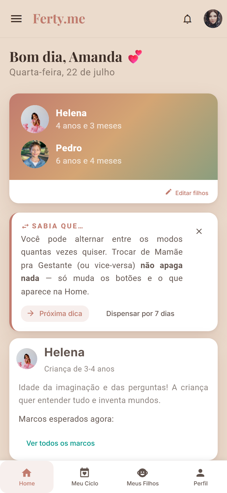 Tela de acompanhamento dos filhos no Ferty